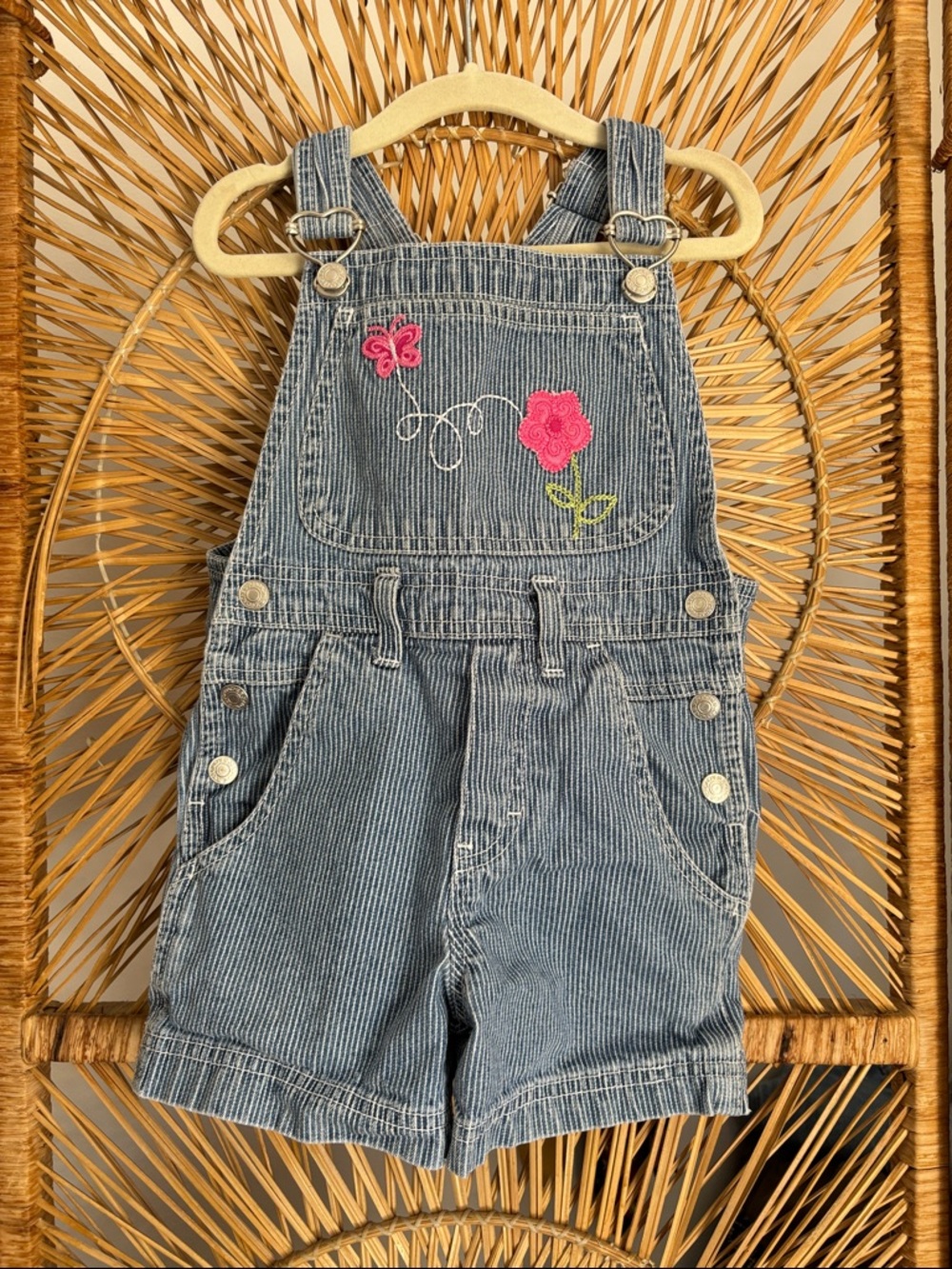 Vintage Jordache Girls' Denim Stripe Short Overalls with Pink Flower 3T